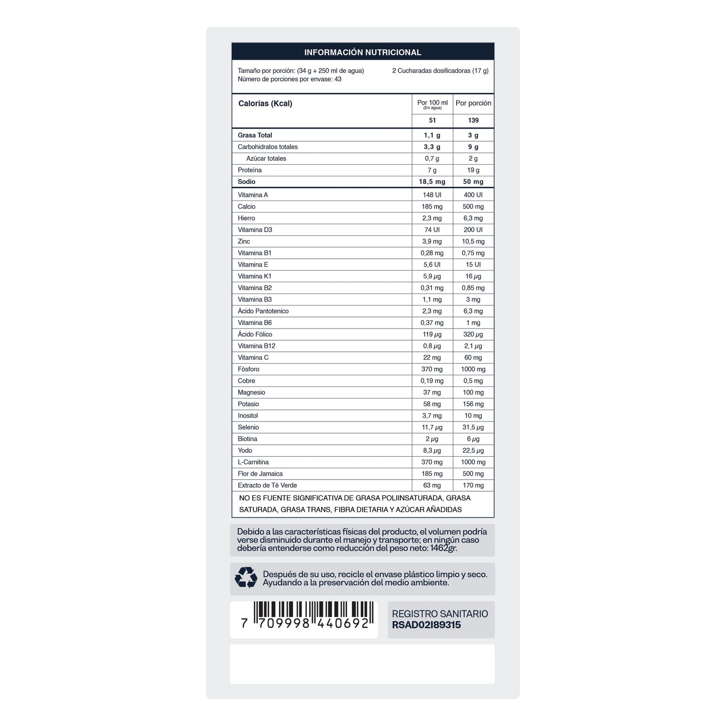 Fitness Shake | Malteada con Proteína | L-Carnitina | Té verde | Calcio | Flor de Jamaica