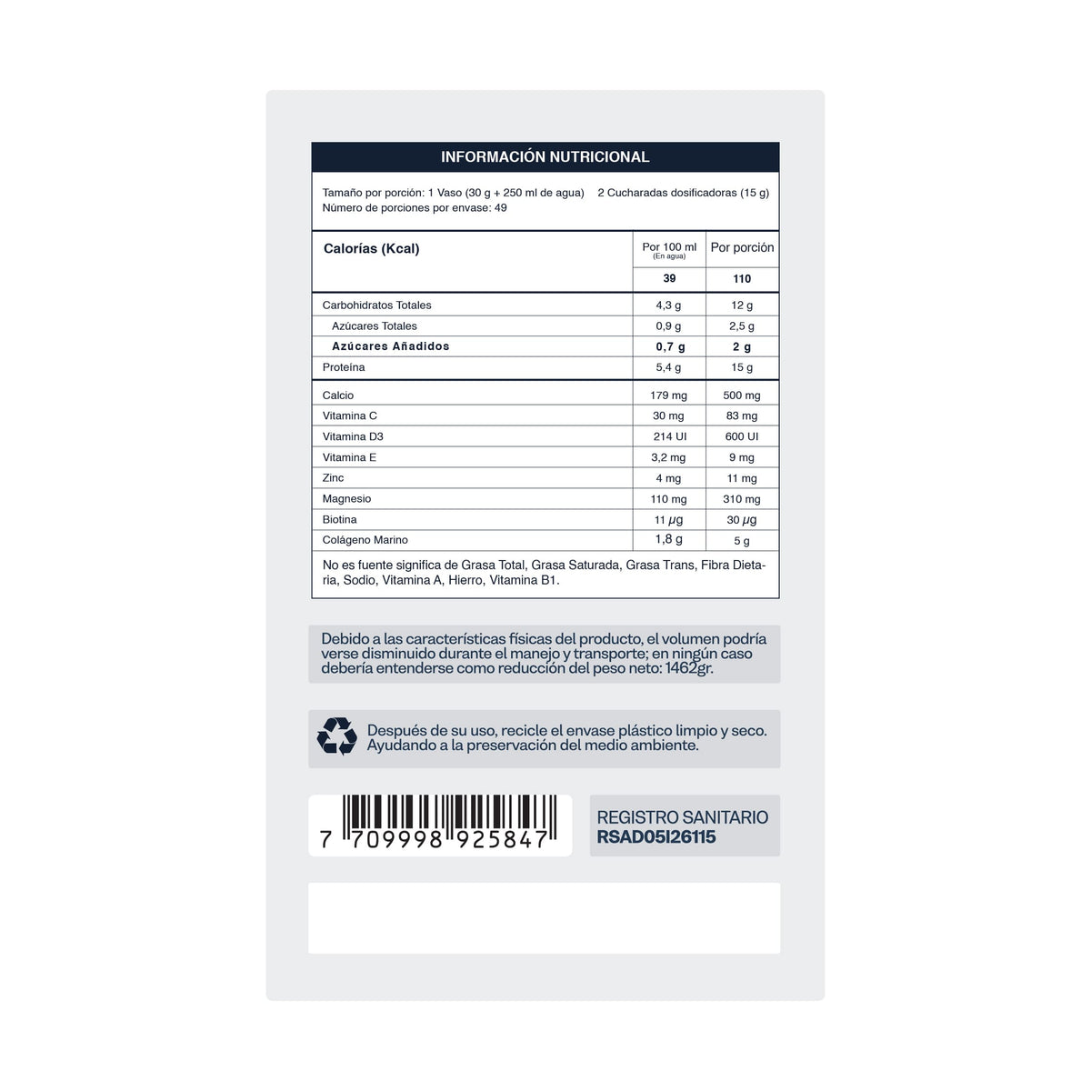 Colágeno Hidrolizado Marino | Malteada con Proteína | Biotina | Vitaminas A, E, C, B6 | Niacina | Selenio | Zinc | Hierro