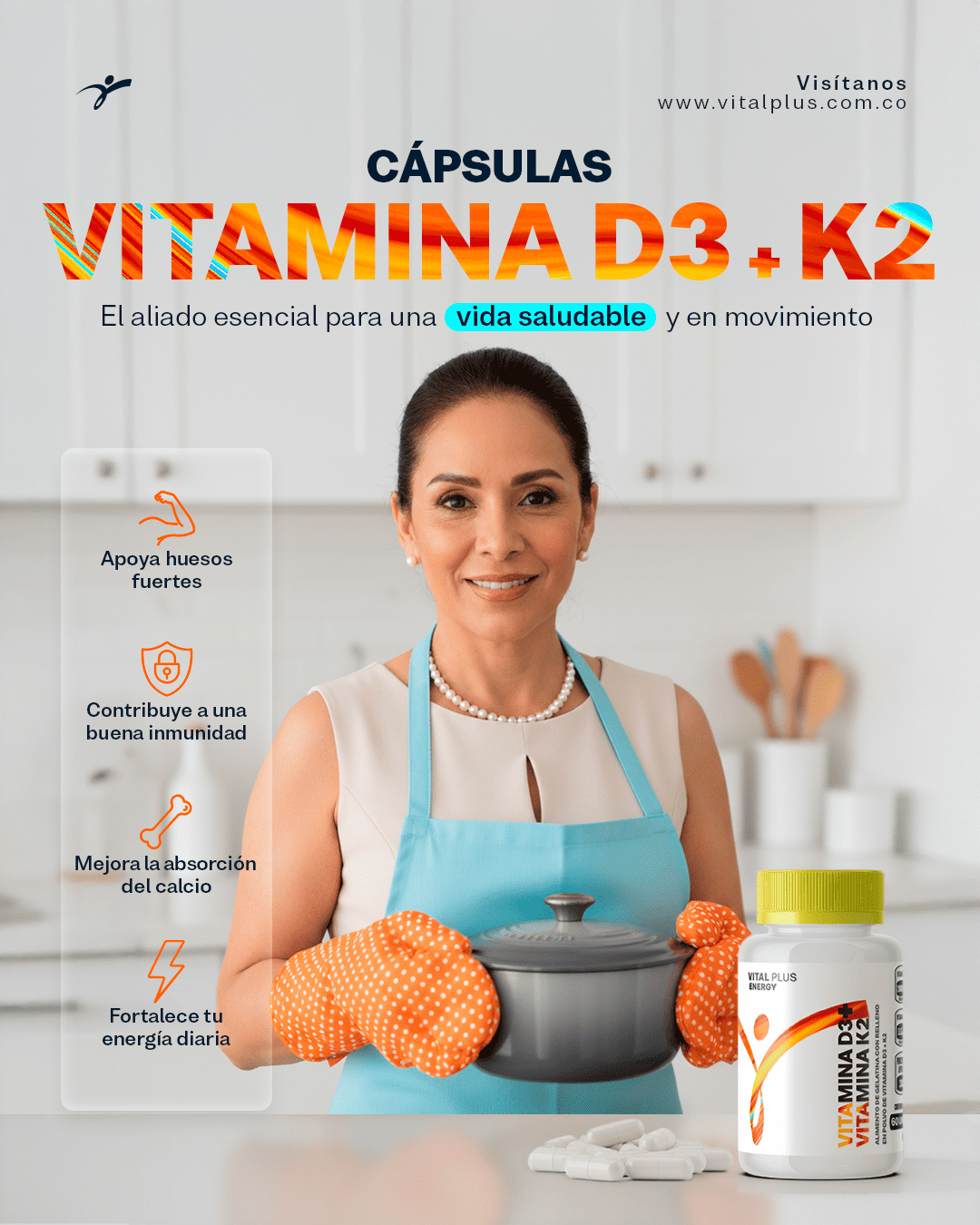 Vitamina D3 + K2 en Cápsulas Vital Plus Energy